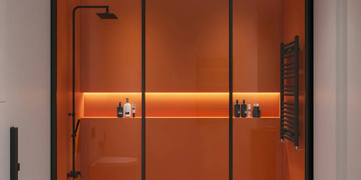 Modern glass shower enclosure with warm orange lighting and backlit shelves holding toiletries.