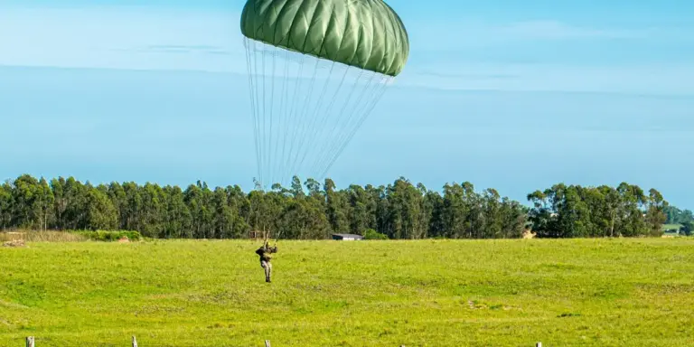 A skydiver hangs under a green parachute descending over an open grassy field with a tree line in the distance.