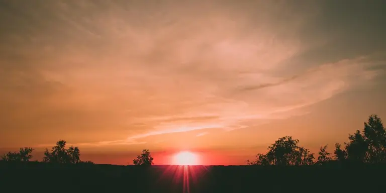 Sunset landscape with a vivid red-orange sky and dark silhouettes of trees along the horizon.