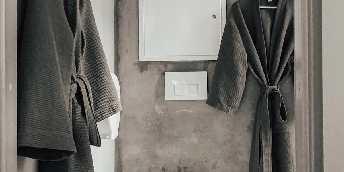 Two dark robes hanging in a minimalist bathroom with a concrete wall, a light switch panel, and a doorway opening—evoking cleansing, release, and inner transformation.