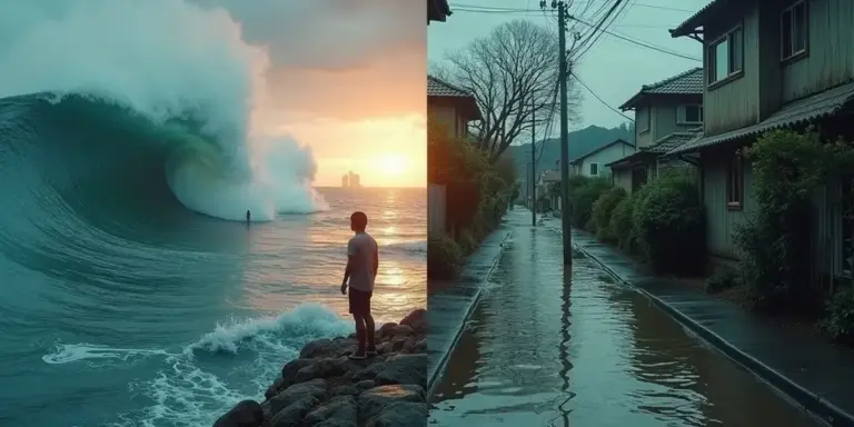 A split image showing a large tsunami tumbling toward a person standing on rocks at sunset on the left, and a flooded residential street on the right.