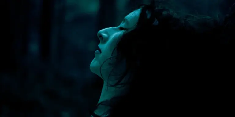 Profile of a woman in blue-tinted light, looking upward, set against a dark, forest-like background.