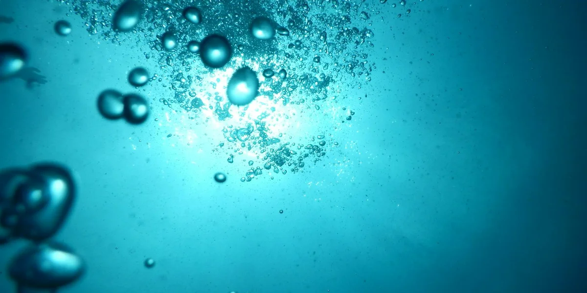 An underwater scene with bubbles rising toward a bright, sunlit surface, representing the dream of being able to breathe and the juxtaposition of freedom and fear.