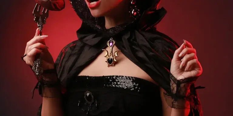 A person wearing a vampire costume with a black cape and jewelry, posed with a raised dagger against a red backdrop.